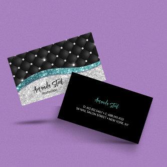 Chic girly faux Silver glitter black teal monogram