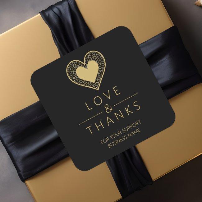 Chic Gold Black Heart Lace Effect Love & Thanks Square Sticker