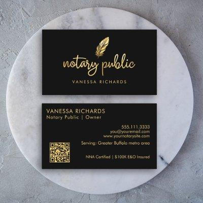 Chic Gold Feather Notary Name Modern Script QR