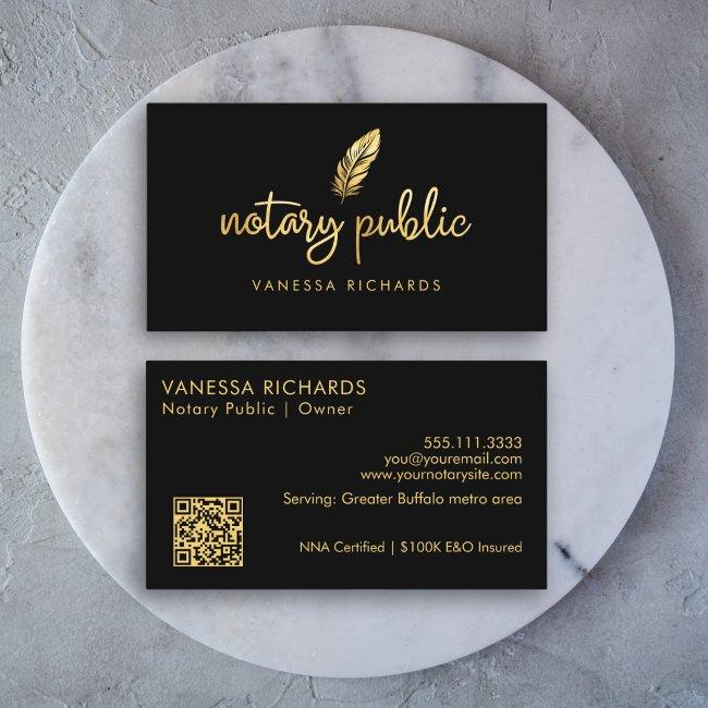 Chic Gold Feather Notary Name Modern Script QR