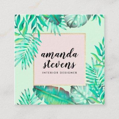 Chic gold frame mint green watercolor tropical square