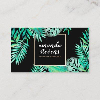 Chic gold frame watercolor tropical green leaves