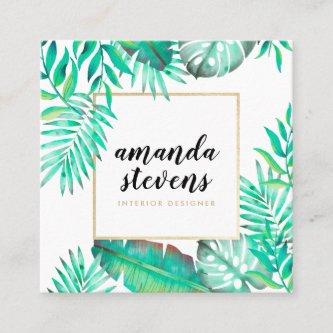 Chic gold frame watercolor tropical green leaves square