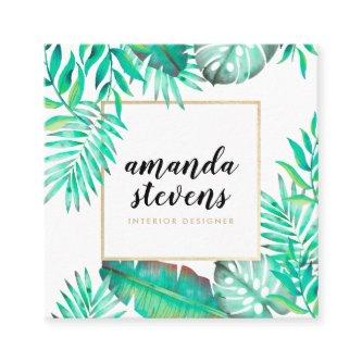 Chic gold frame watercolor tropical green leaves square