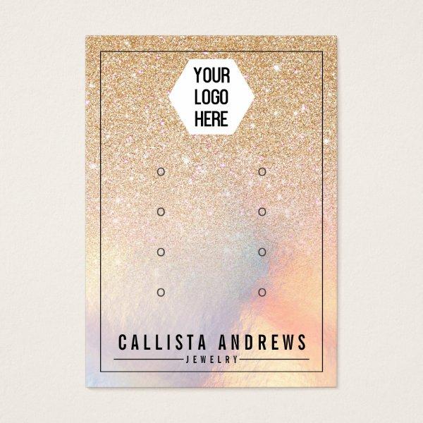 Chic Gold Glitter Iridescent Logo Earrings Display
