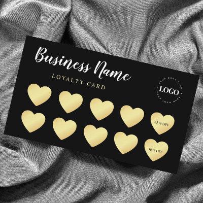 Chic Gold Heart Simple Black Custom Business Logo Loyalty Card