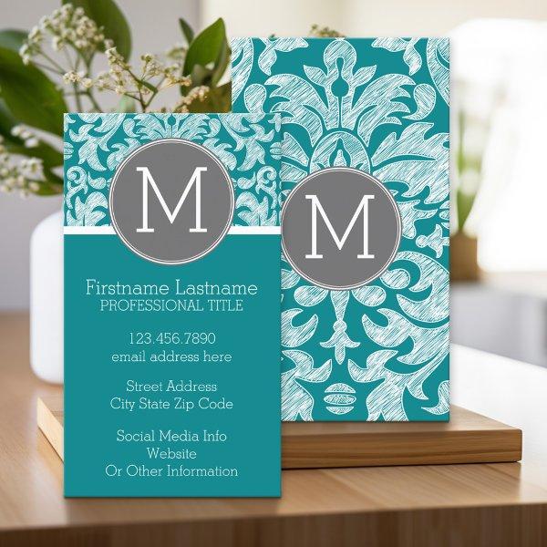 Chic Gray and Teal Damask Pattern Custom Monogram