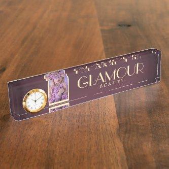 Chic Luxury Faux Gradient Burgundy and Gold Photo Desk Name Plate