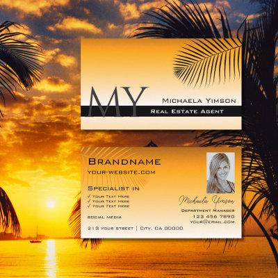 Chic Orange Gradient Palm Leaf Monogram and Photo