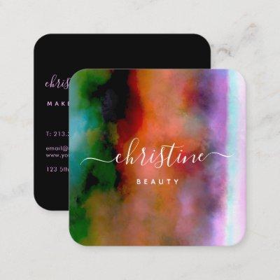 Chic Pink Blue Orange Watercolor Abstract Script Square