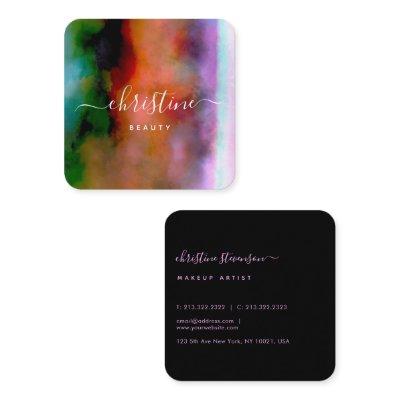 Chic Pink Blue Orange Watercolor Abstract Script Square