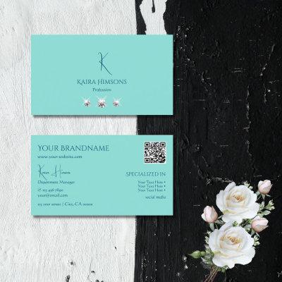 Chic Plain Teal with Monogram QR Code and Jewels