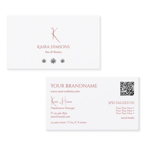 Chic Plain White with Monogram QRCode and Diamonds