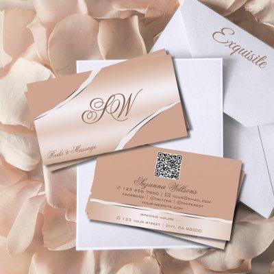 Chic Rose Gold Coral Curved Lines Monogram QR Code