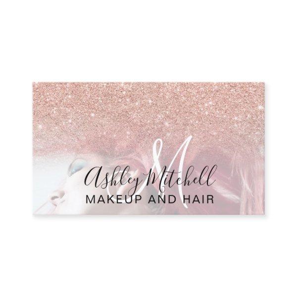 Chic rose gold glitter photo monogram makeup hair