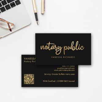 Chic Script Black & Gold Notary Name Modern QR