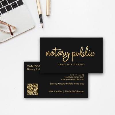 Chic Script Black & Gold Notary Name Modern QR