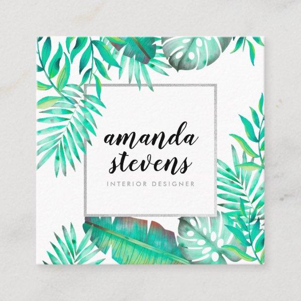 Chic silver frame watercolor tropical green leaves square