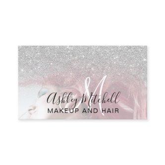 Chic silver glitter photo monogram makeup hair