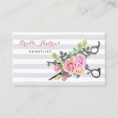 Chic Silver Scissors Hairstylist Stripes and Roses