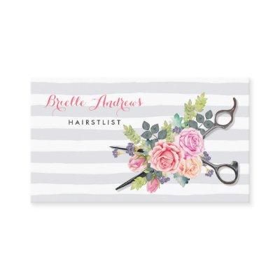 Chic Silver Scissors Hairstylist Stripes and Roses