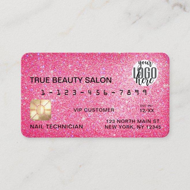 Chic Sparkly Neon Pink Glitter Credit Card Logo