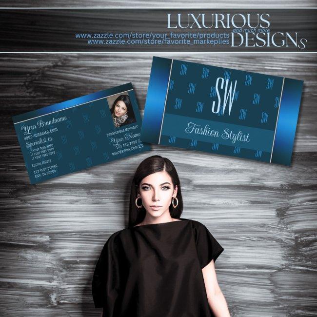 Chic Teal Blue with Photo and Monogram Pattern