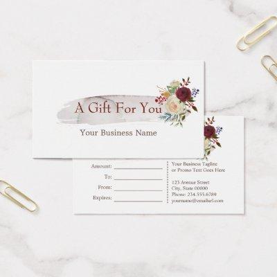 Chic Watercolour Floral Burgundy Gift Certificate