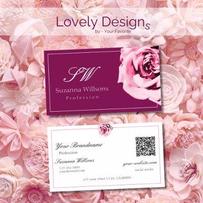 Chic Wine Red and White Pink Rose Initials QR Code
