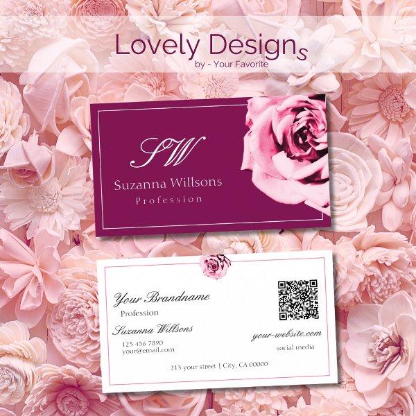 Chic Wine Red and White Pink Rose Initials QR Code