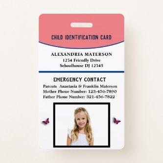 Child Boy Girl ID Identification Card Allergy Badge
