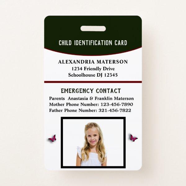 Child Boy Girl ID Identification Card Emergency Badge