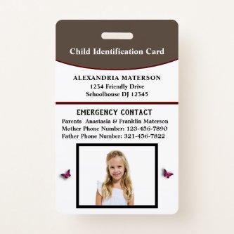 Child Kid ID Identification Emergency Card  Badge