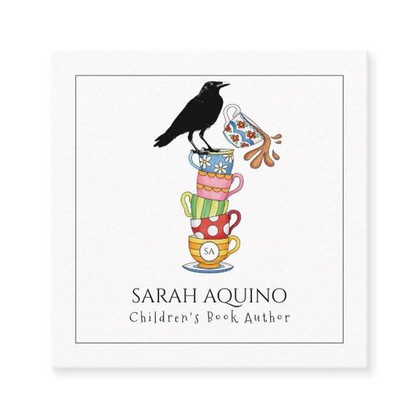 Children's Books Author Whimsical Crow & Tea Cups Square