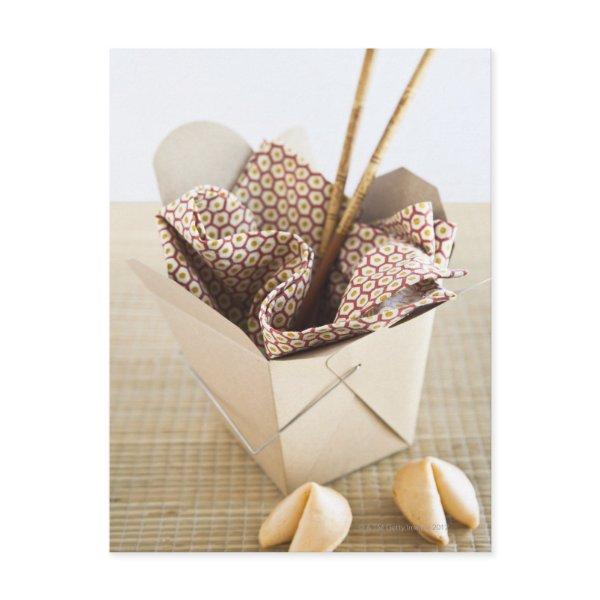 Chinese takeout container and fortune cookies postcard
