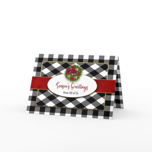 Christmas Business Black White Plaid w/Wreath Card