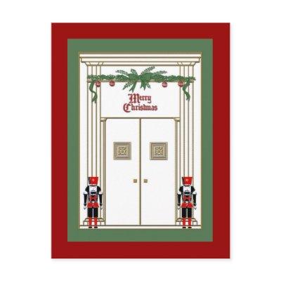 christmas door with nutcrackers holiday postcard