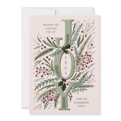 Christmas Joy Hand Drawn Foliage on Dusty Pink Holiday Card