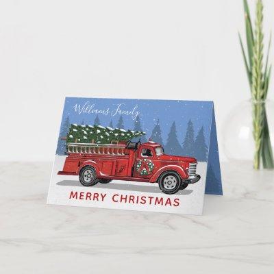Christmas Red Vintage Fire Truck Wreath Holiday Card
