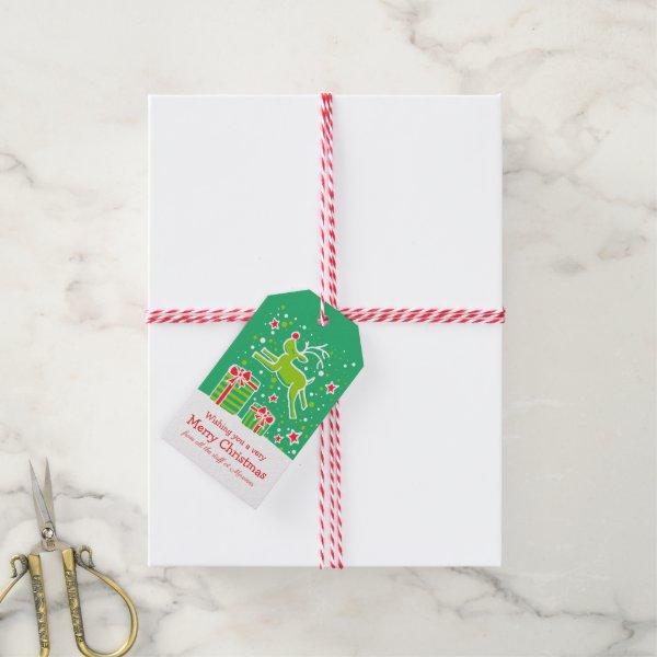Christmas reindeer prancing over gifts green red gift tags