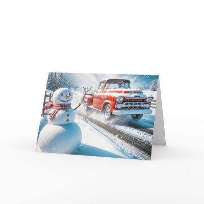 Christmas Snowman and Red Retro Truck Holiday Card