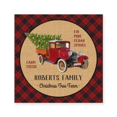 Christmas Tree Farm Vintage Truck Red Plaid Rustic Square