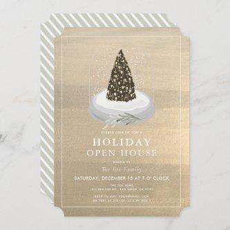 Christmas Tree Snow Globe Gold Holiday Open House Invitation