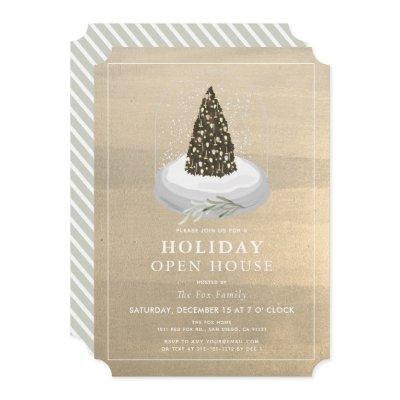 Christmas Tree Snow Globe Gold Holiday Open House Invitation