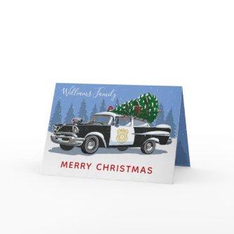 Christmas Vintage Police Car Number Tree  Holiday Card