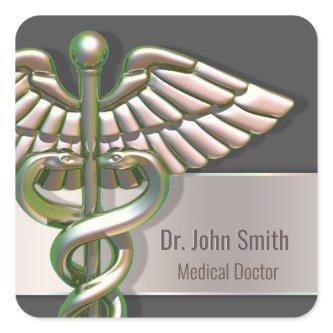 Chrome Holographic 3D Medical Caduceus Square Sticker