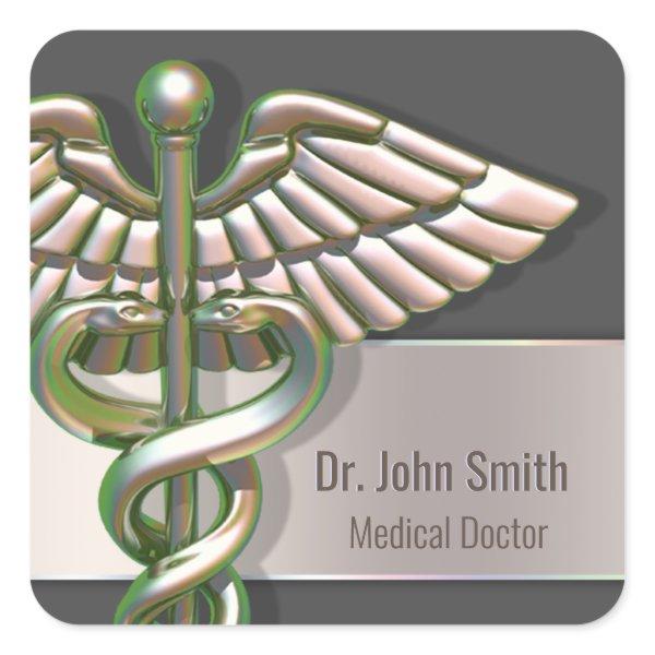 Chrome Holographic 3D Medical Caduceus Square Sticker