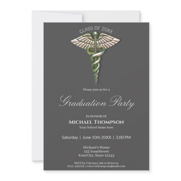 Chrome Holographic Caduceus Graduation Invitation