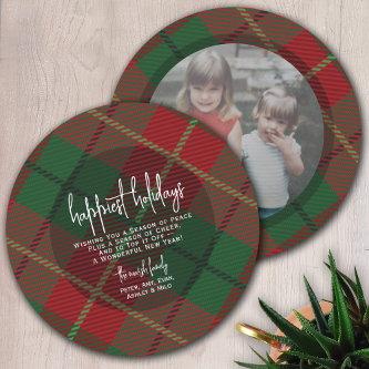 Circle Photo Back - Red Green Plaid - Happiest Holiday Card