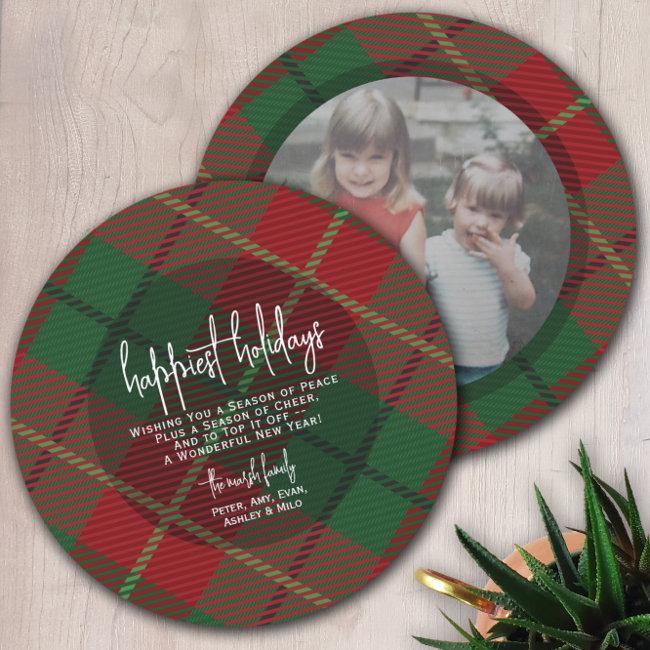 Circle Photo Back - Red Green Plaid - Happiest Holiday Card